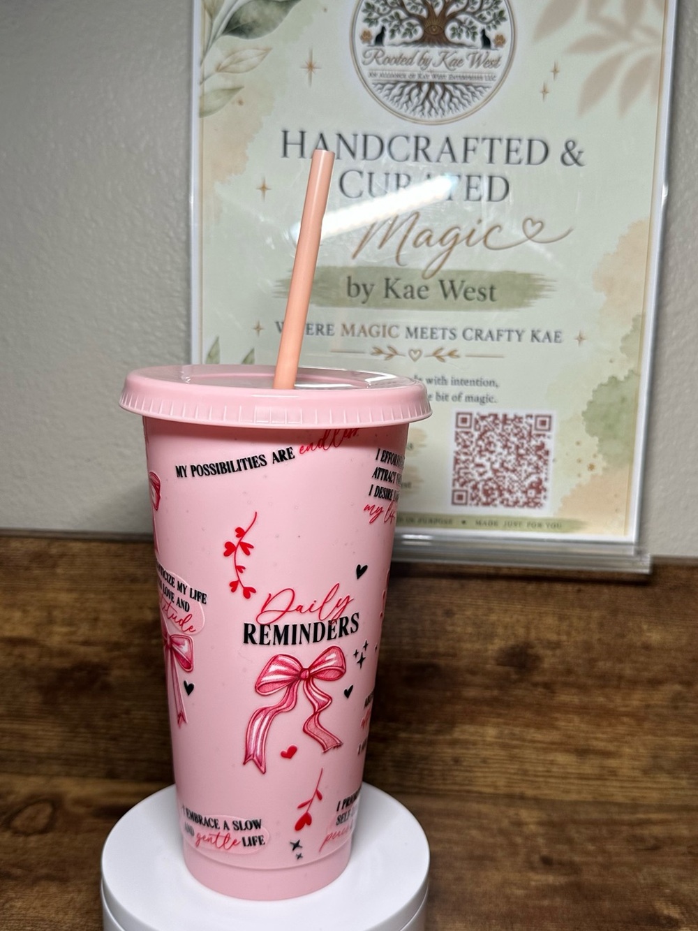 24oz Rose Pink Daily Reminders Cold Cup | Pink Bow Gift Tumbler